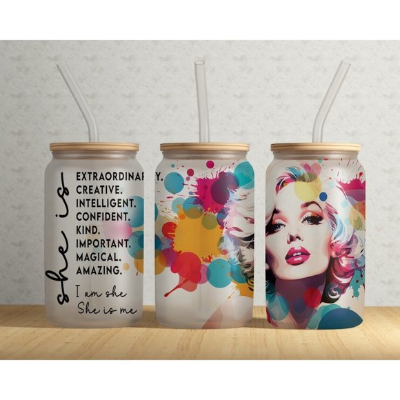 She Is - Positive affirmation - Libbey Can Tumbler Clear or Frosted Cup W/ Lid - Picture 1 of 3